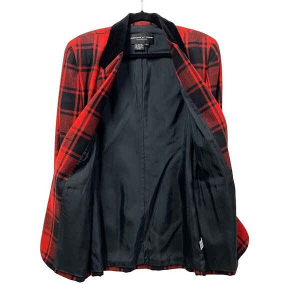 Vintage Adrienne Vittadini Plaid Long Blazer, Size 12, Black & Red, Velvet Trim - Picture 3 of 11
